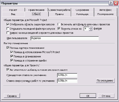Вид вкладки общих настроек MS Project после установки нужных параметров
