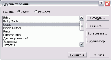 Диалоговое окно выбора таблицы из полного списка для отображения в текущем представлении