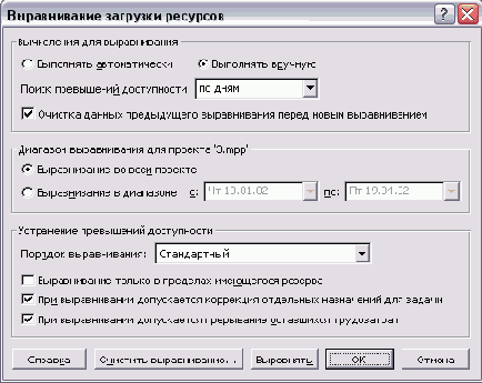 Диалоговое окно выравнивания загрузки ресурсов