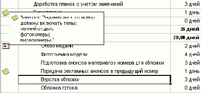 При наведении мыши на значок заметки отображается ее текст