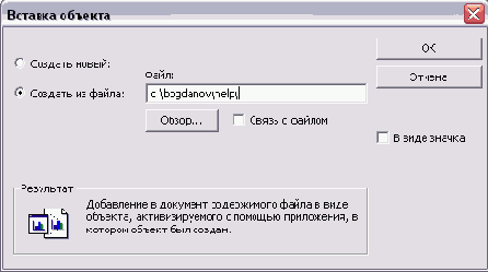 Диалоговое окно вставки объекта на основе существующего файла